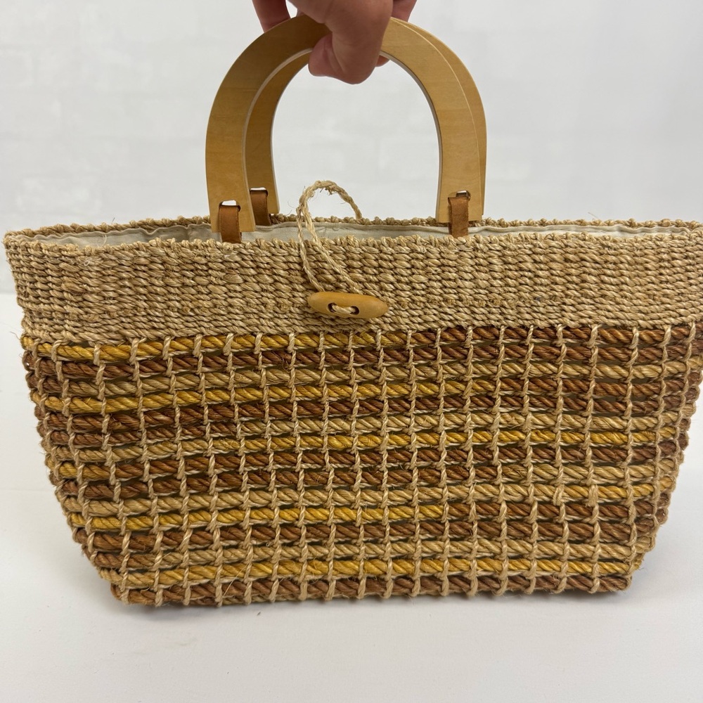Vintage Talbots Straw Wicker Woven Wood Handle Linen Lined Tote Purse Bag